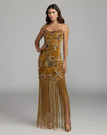 Mac Duggal Gold Embellished Velvet Fringe Maxi Dress