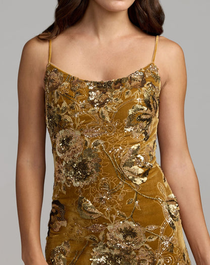 Mac Duggal Gold Embellished Velvet Fringe Maxi Dress