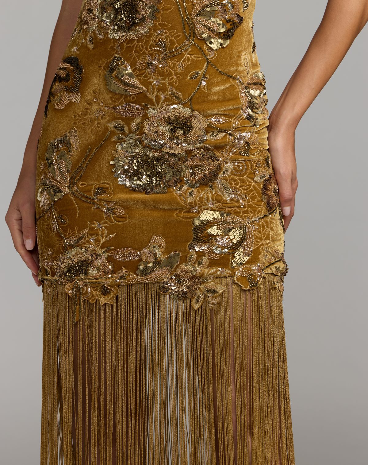Mac Duggal Gold Embellished Velvet Fringe Maxi Dress
