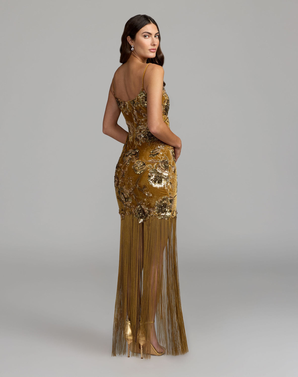 Mac Duggal Gold Embellished Velvet Fringe Maxi Dress