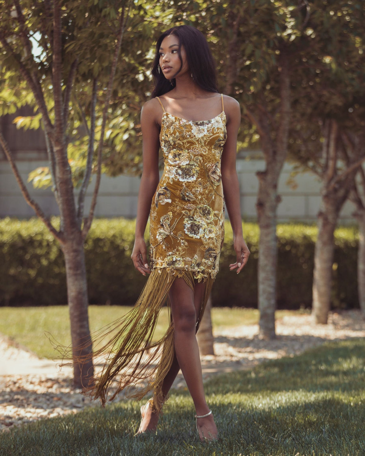 Mac Duggal Gold Embellished Velvet Fringe Maxi Dress