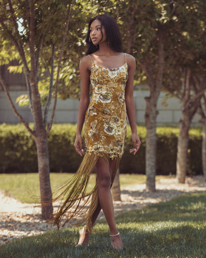 Mac Duggal Gold Embellished Velvet Fringe Maxi Dress