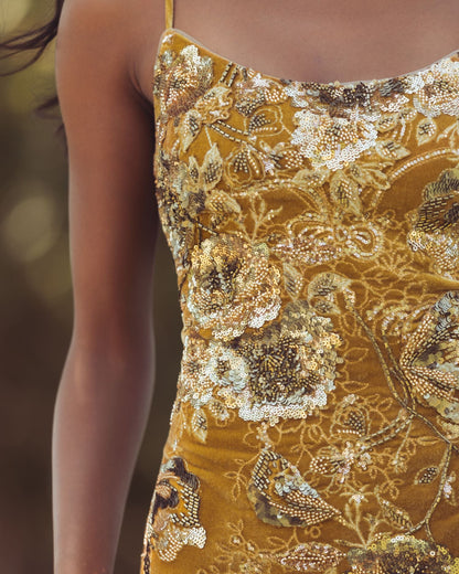 Mac Duggal Gold Embellished Velvet Fringe Maxi Dress