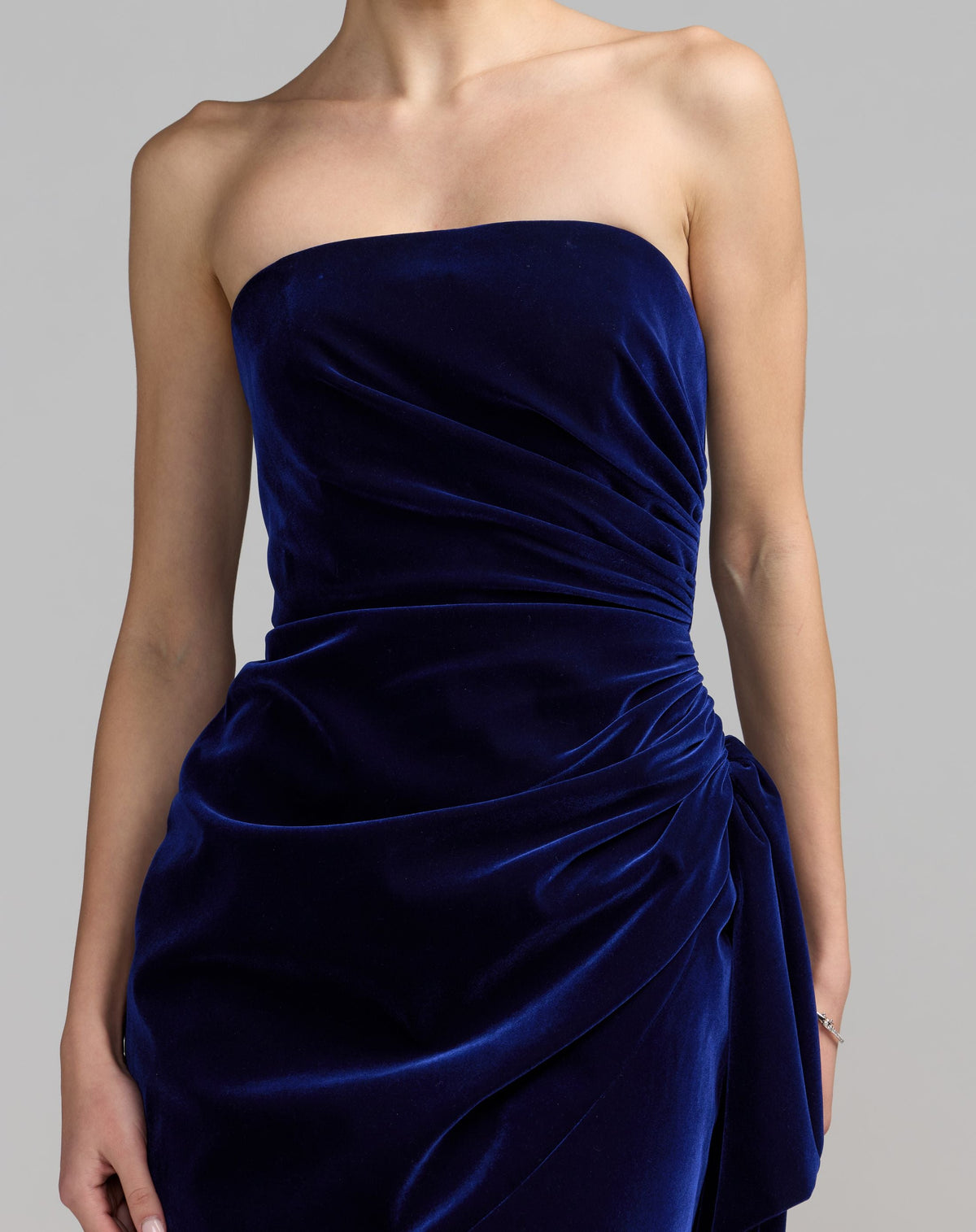 Mac Duggal Blue Strapless Velvet Wrap Mini Dress