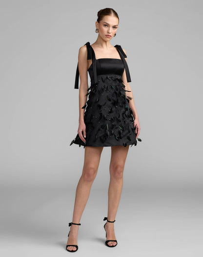 Mac Duggal Black Feather Embellished Bow Strap Satin Mini Dress