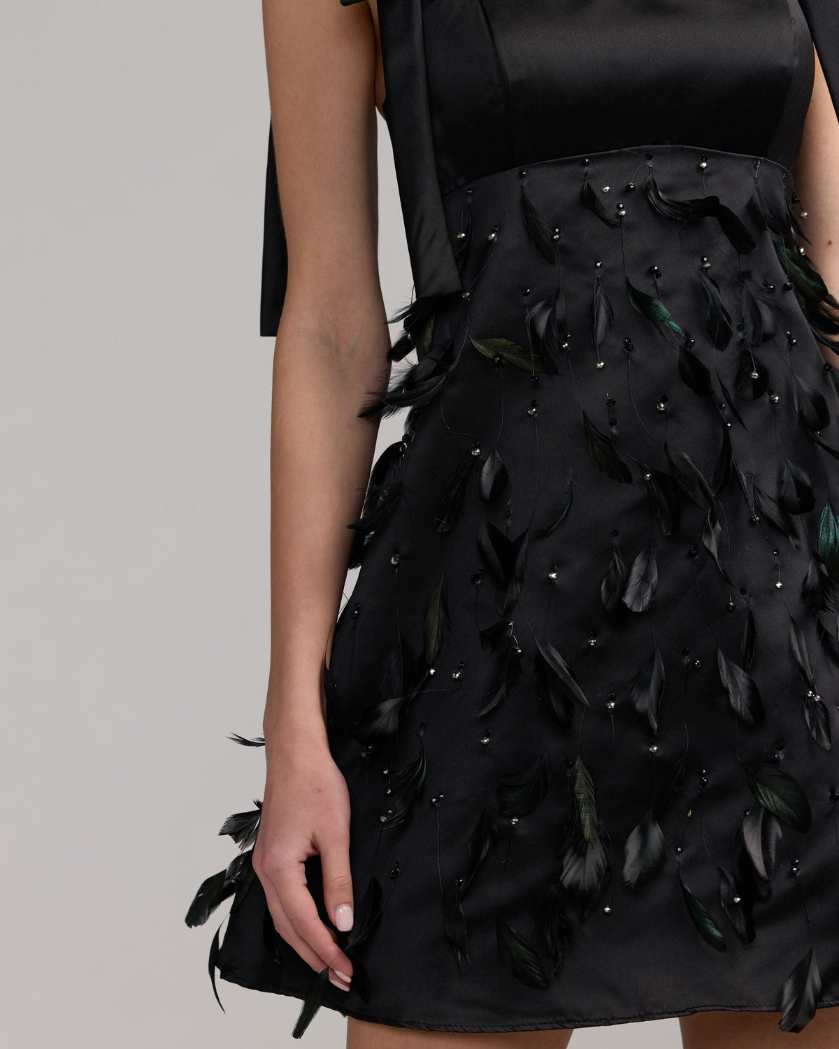 Mac Duggal Black Feather Embellished Bow Strap Satin Mini Dress