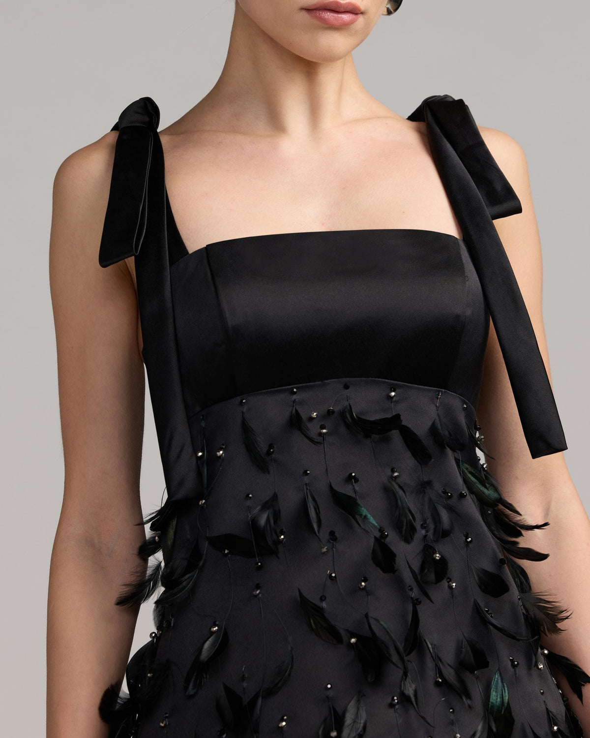 Mac Duggal Black Feather Embellished Bow Strap Satin Mini Dress