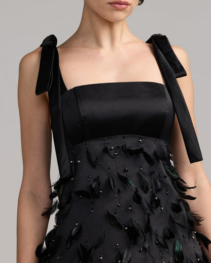 Mac Duggal Black Feather Embellished Bow Strap Satin Mini Dress