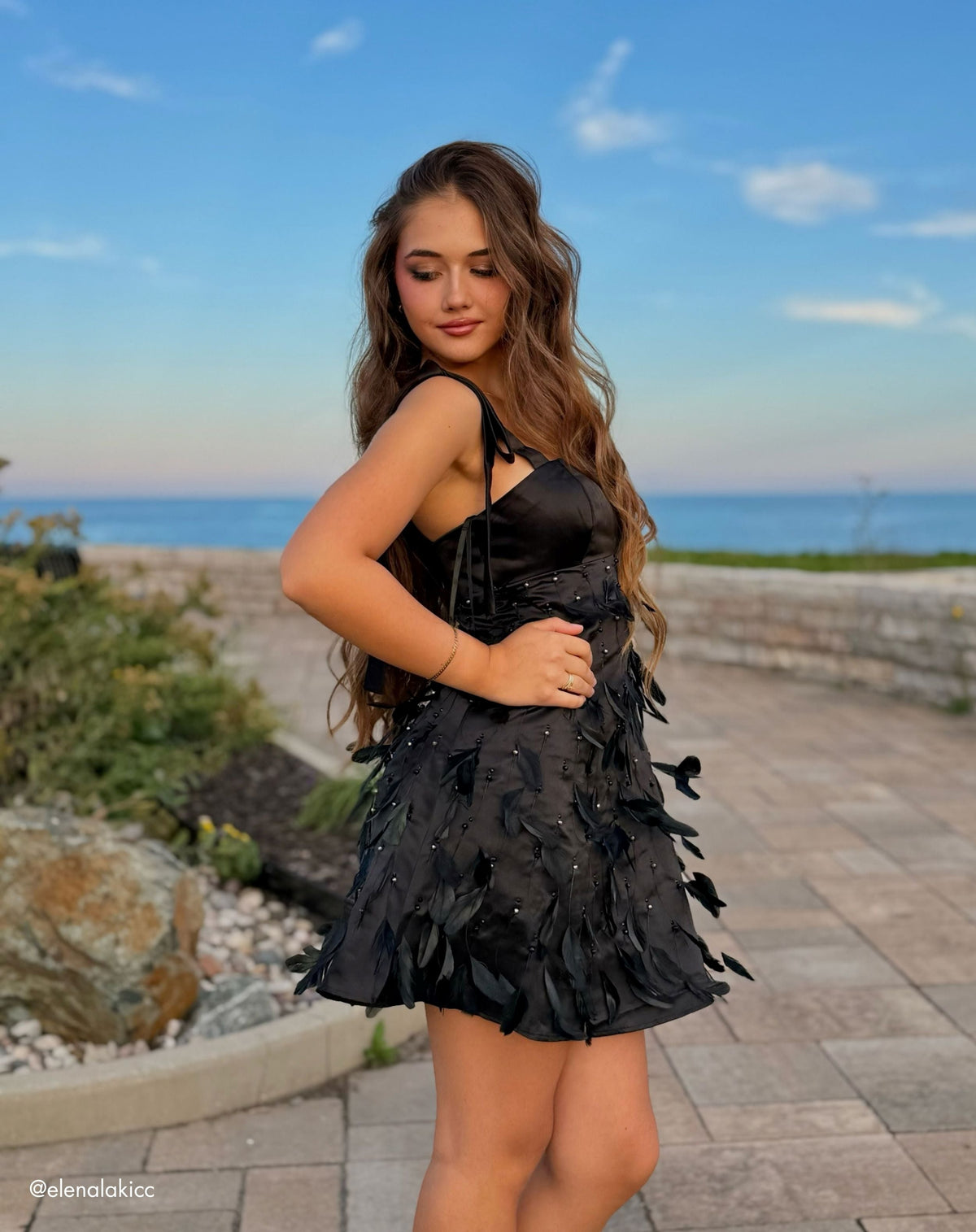 Mac Duggal Black Feather Embellished Bow Strap Satin Mini Dress