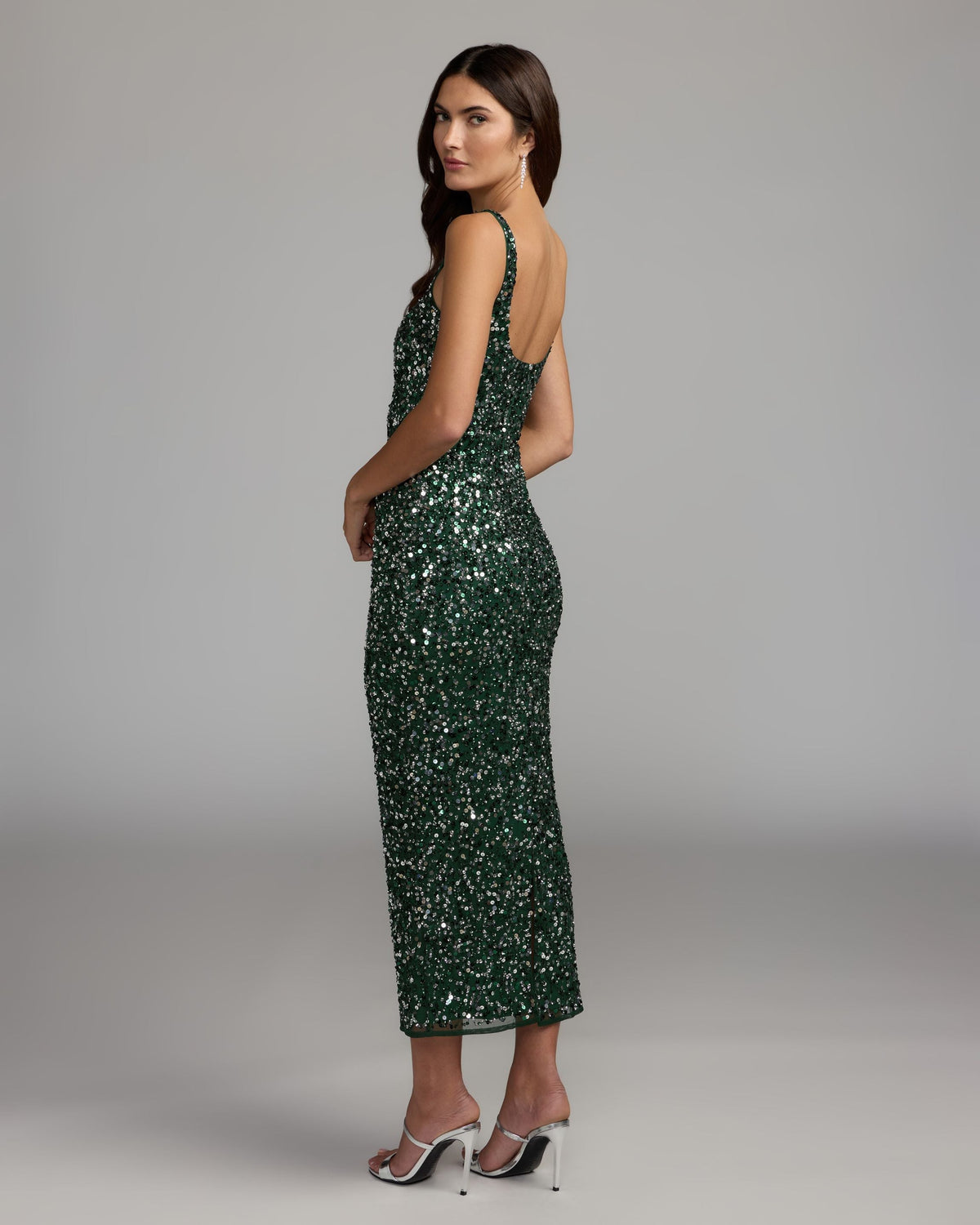 Mac Duggal Emerald Sequin Sleeveless Midi Dress