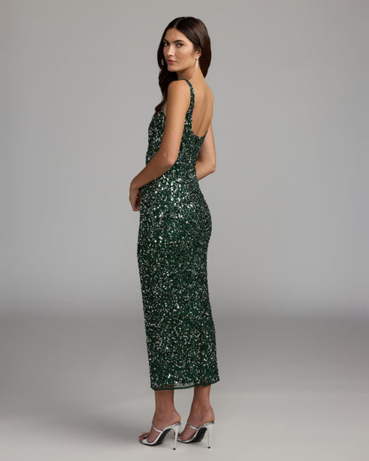 Mac Duggal Emerald Sequin Sleeveless Midi Dress