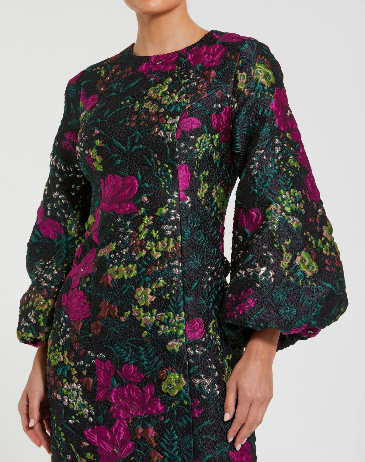 Mac Duggal Black Floral Brocade Puff Sleeve Fitted Mini Dress