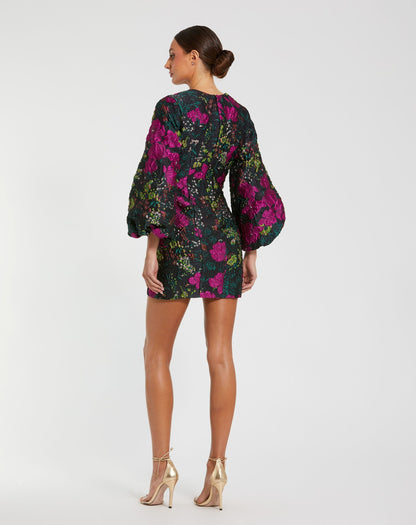 Mac Duggal Black Floral Brocade Puff Sleeve Fitted Mini Dress