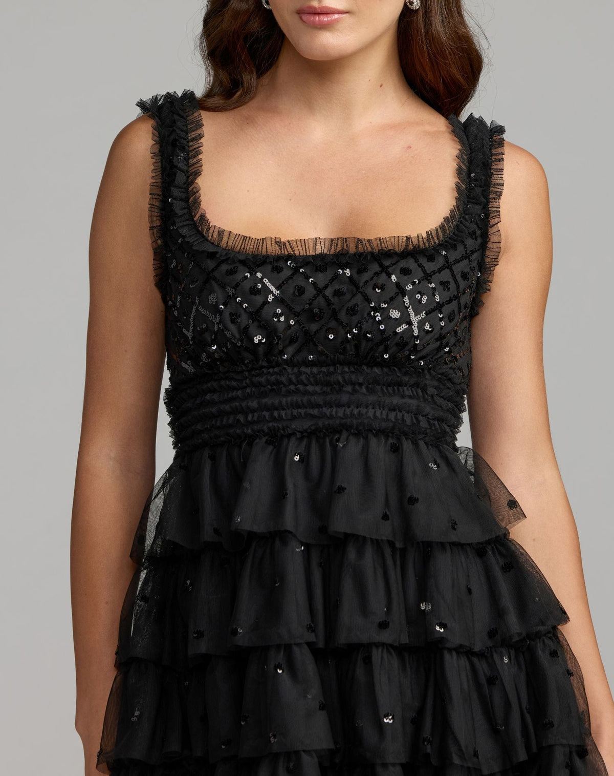 Mac Duggal Black Sleeveless Sequin Tiered Ruffle Mini Dress