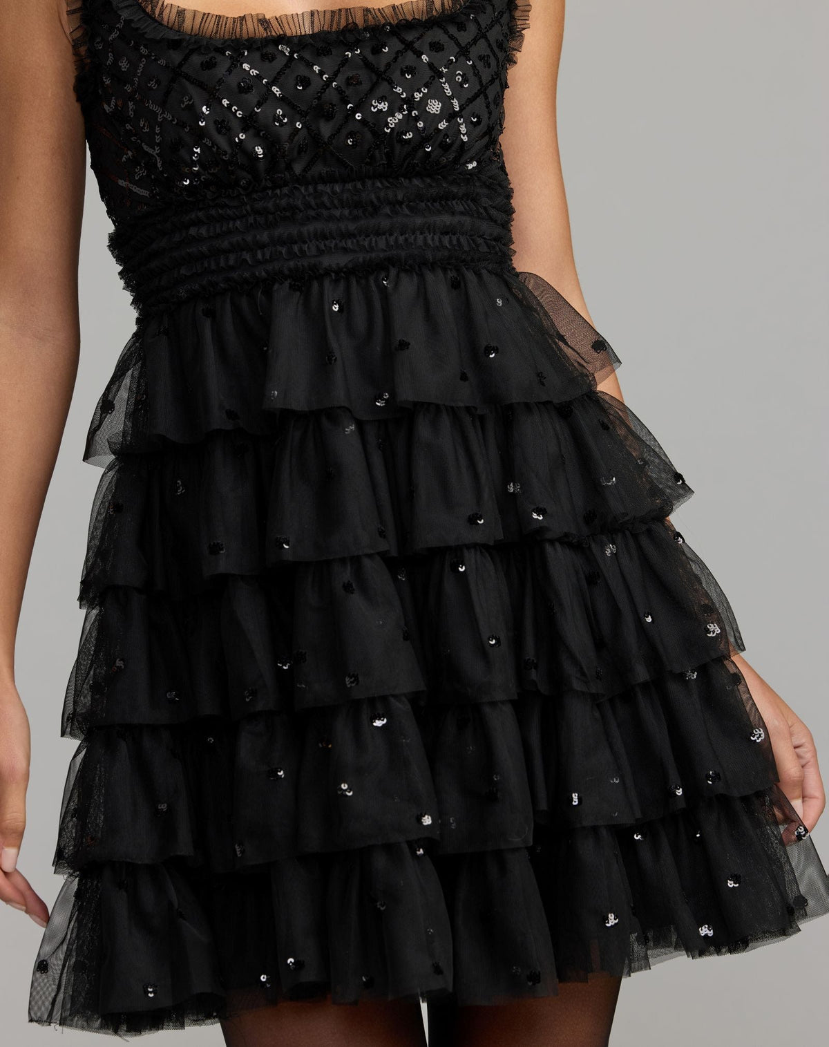 Mac Duggal Black Sleeveless Sequin Tiered Ruffle Mini Dress