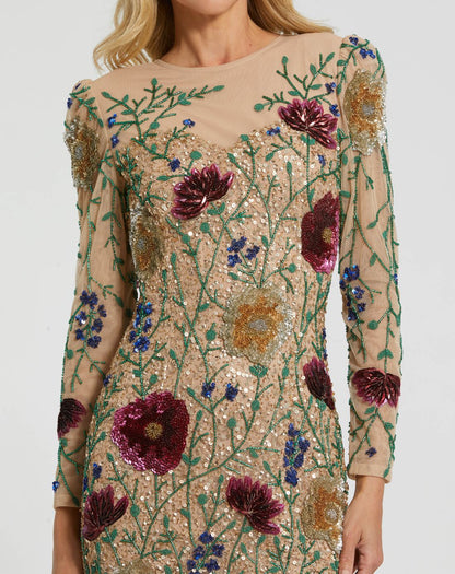 Mac Duggal Nude Floral Beaded Long Sleeve Mini Dress