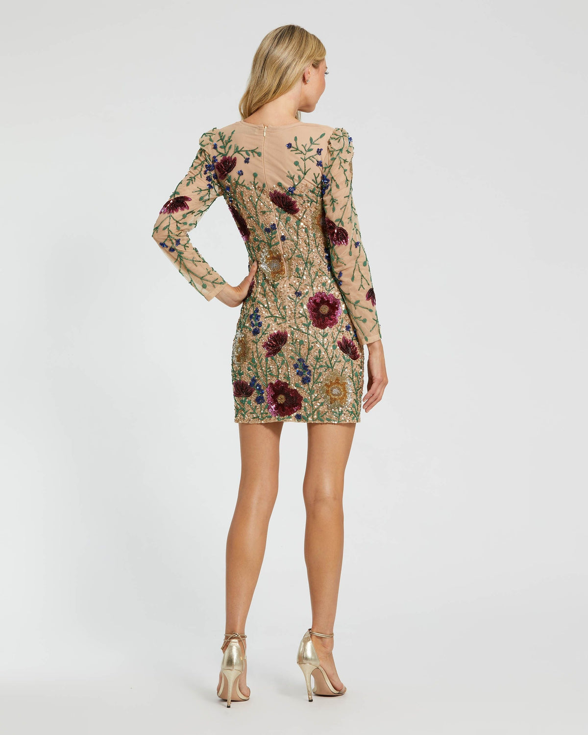 Mac Duggal Nude Floral Beaded Long Sleeve Mini Dress