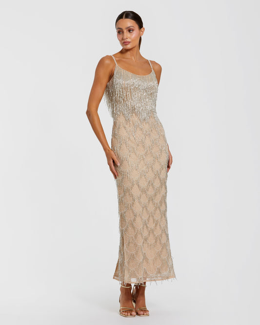 Mac Duggal Nude Beaded Fringe Column Maxi Dress