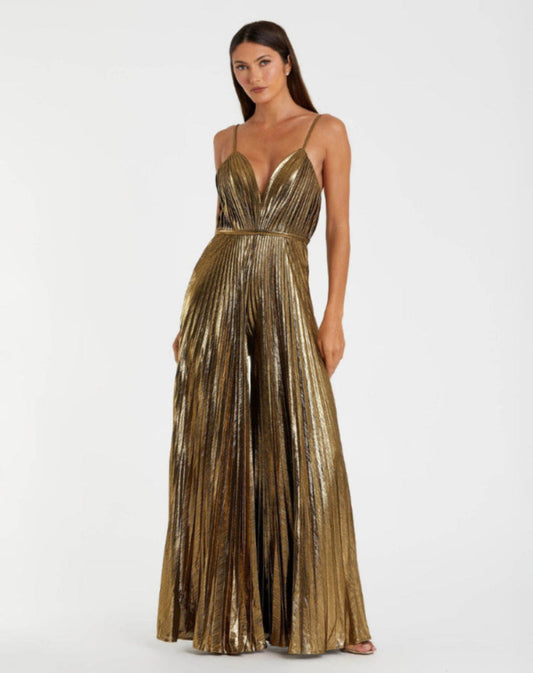 Mac Duggal Petite Gold Metallic Pleated V-Neck Jumpsuit