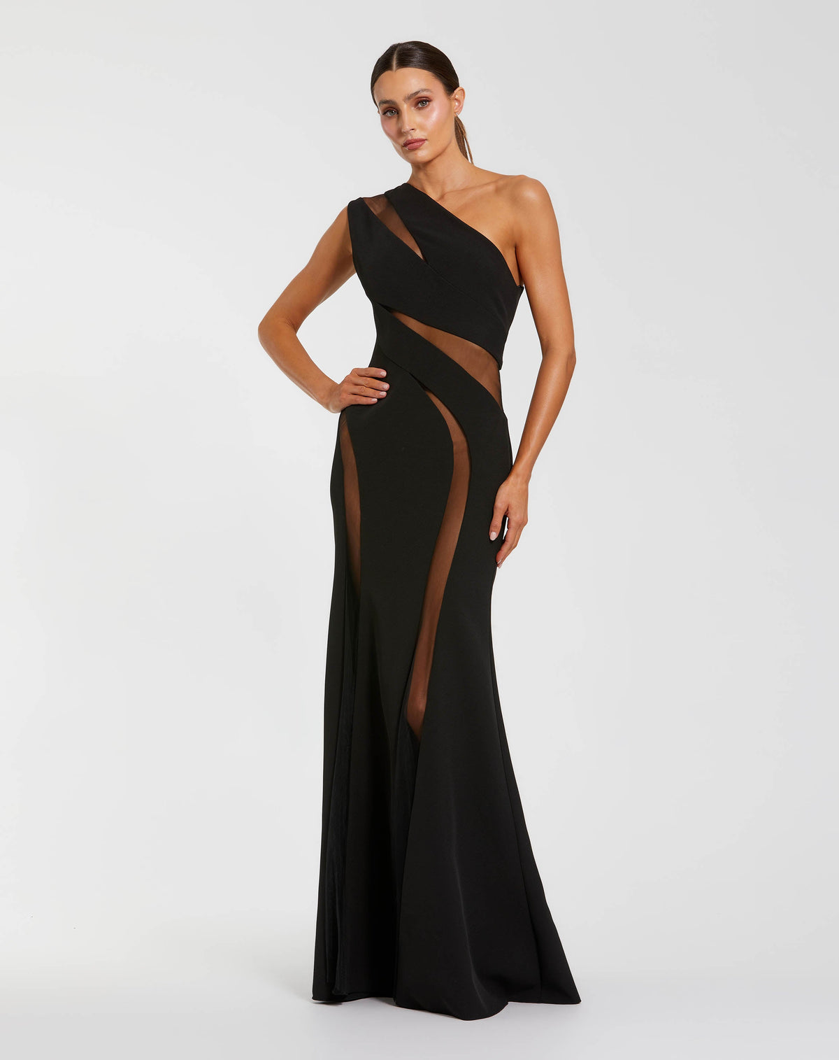 Mac Duggal Black One Shoulder Crepe Illusion Cutout Gown