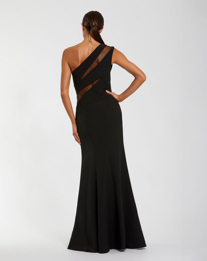 Mac Duggal Black One Shoulder Crepe Illusion Cutout Gown