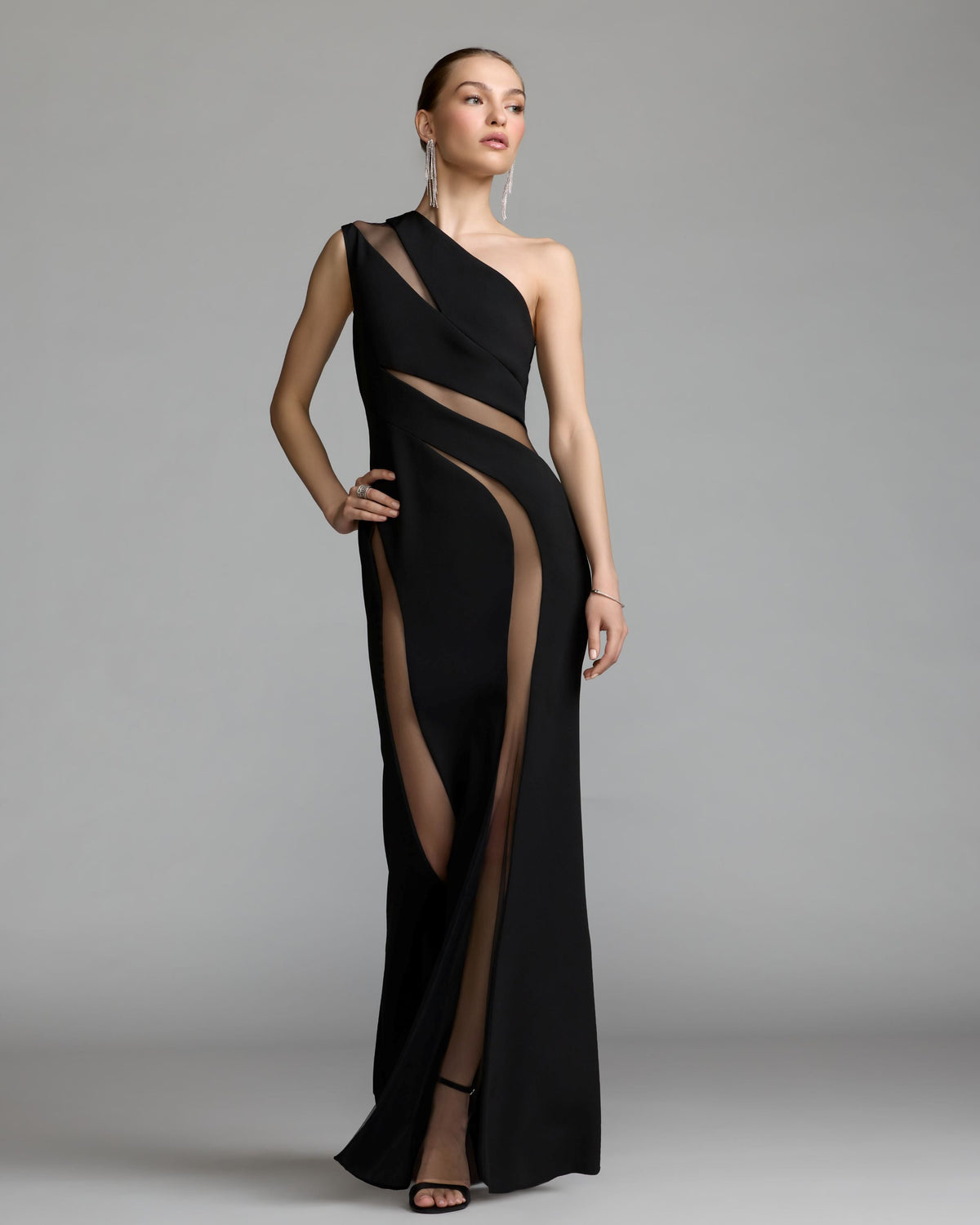 Mac Duggal Black One Shoulder Crepe Illusion Cutout Gown