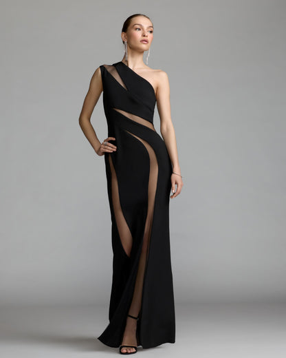 Mac Duggal Black One Shoulder Crepe Illusion Cutout Gown