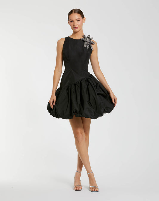 Mac Duggal Black Bubble Hem Mini Dress with Hand Beaded Flower