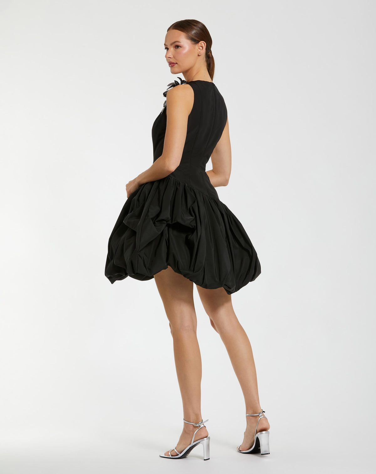 Mac Duggal Black Bubble Hem Mini Dress with Hand Beaded Flower