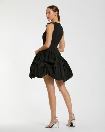 Mac Duggal Black Bubble Hem Mini Dress with Hand Beaded Flower