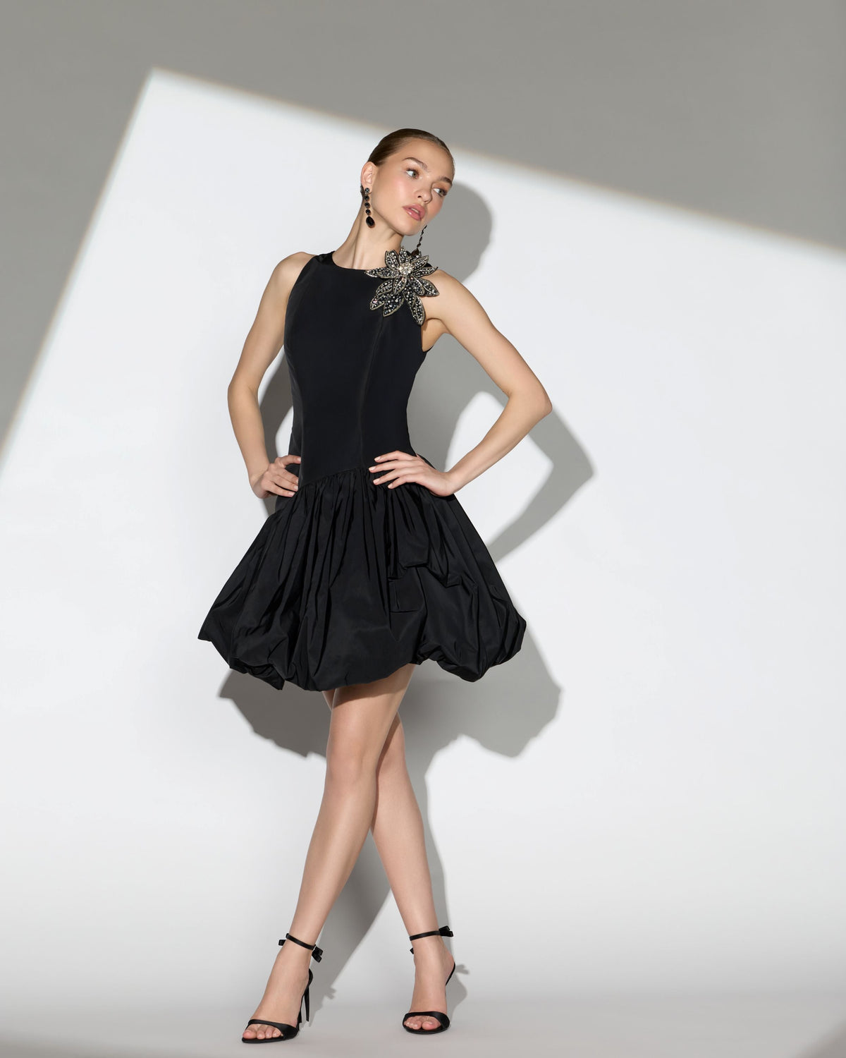 Mac Duggal Black Bubble Hem Mini Dress with Hand Beaded Flower