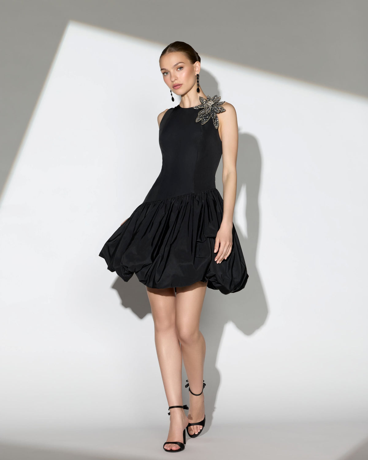 Mac Duggal Black Bubble Hem Mini Dress with Hand Beaded Flower
