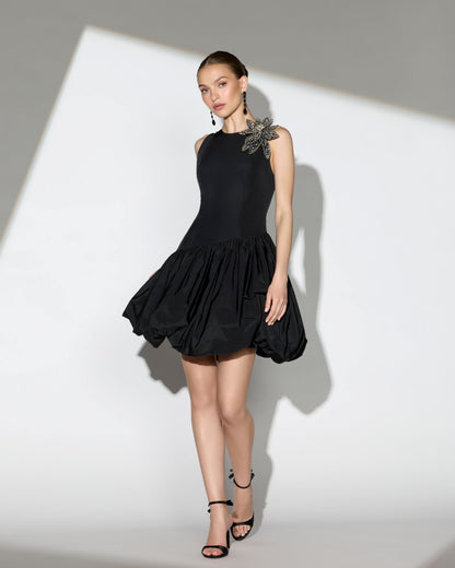 Mac Duggal Black Bubble Hem Mini Dress with Hand Beaded Flower