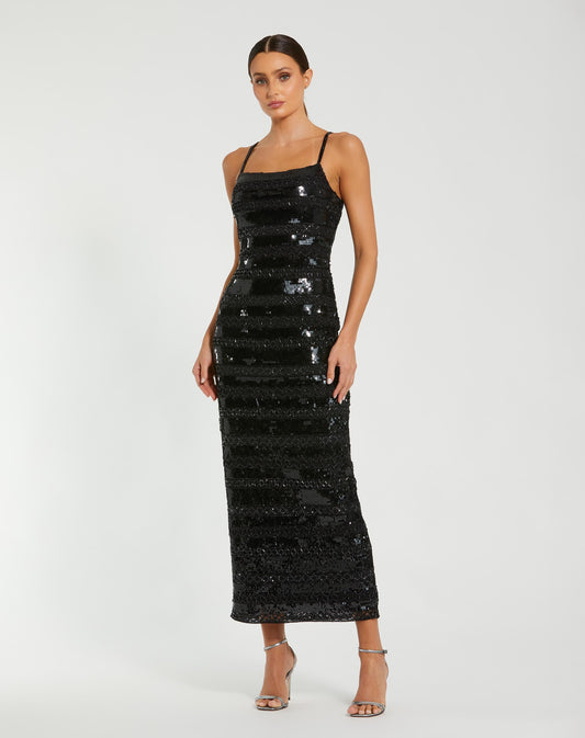 Mac Duggal Black Embellished Spaghetti Strap Midi Dress