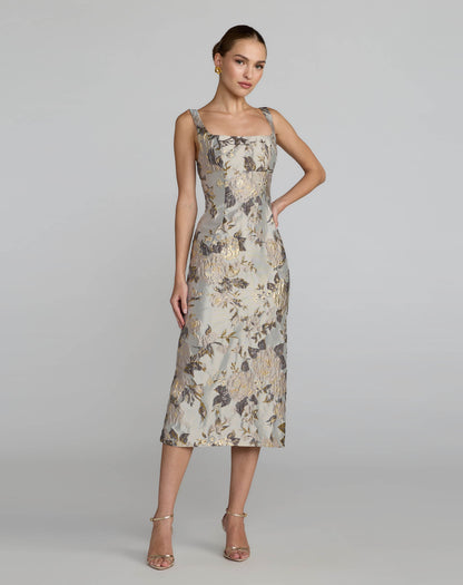 Mac Duggal Silver Floral Square Neck Midi Dress