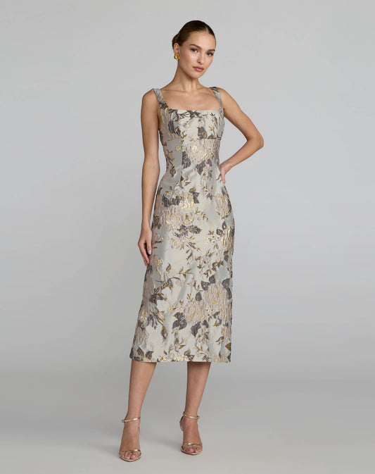 Mac Duggal Silver Floral Square Neck Midi Dress