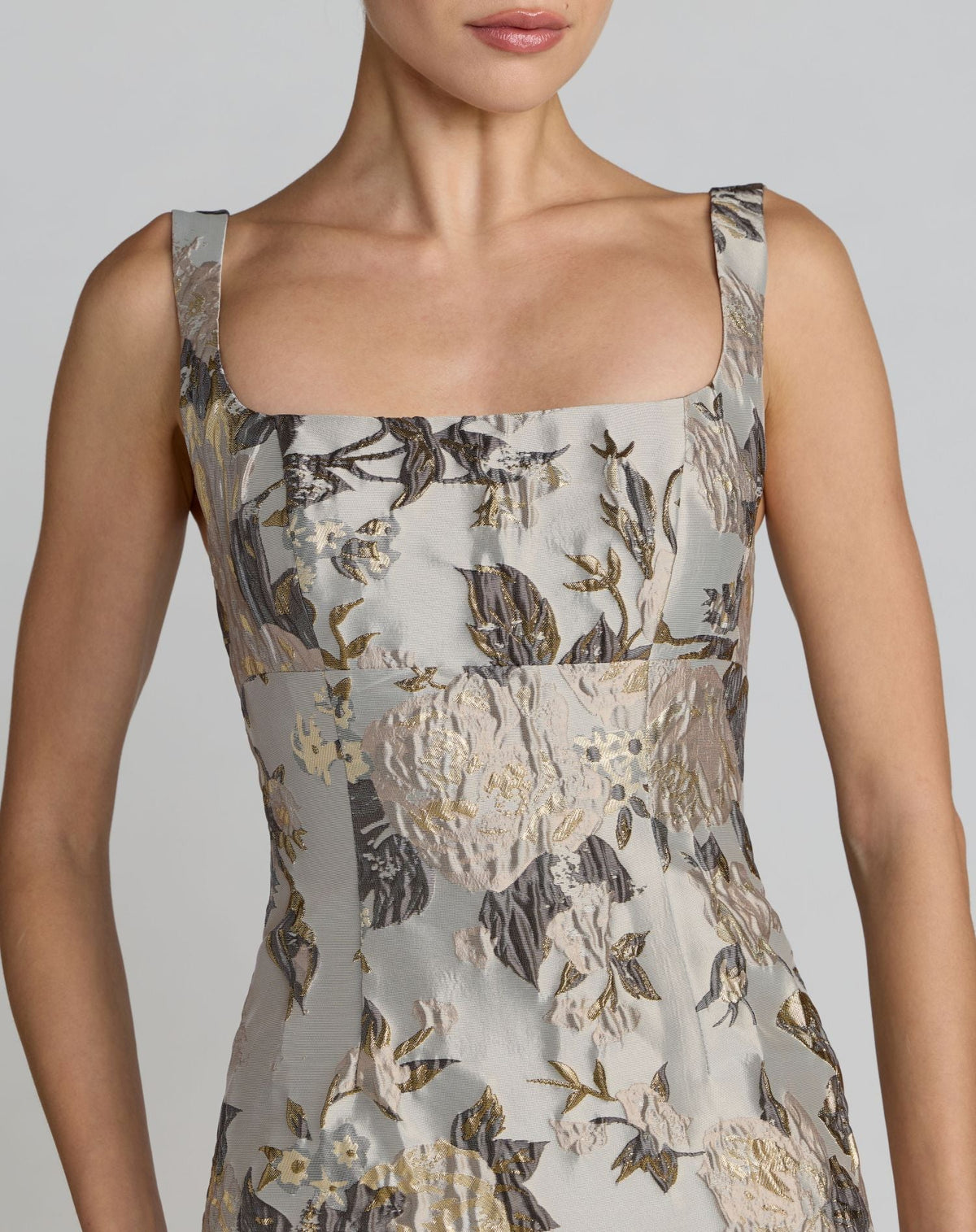 Mac Duggal Silver Floral Square Neck Midi Dress