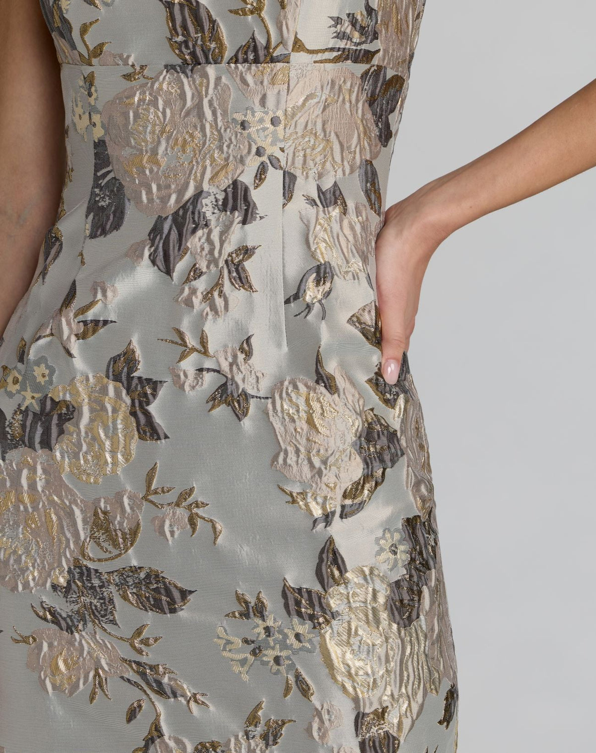Mac Duggal Silver Floral Square Neck Midi Dress
