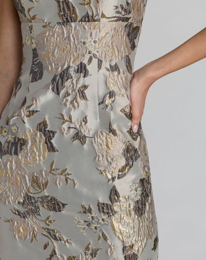 Mac Duggal Silver Floral Square Neck Midi Dress