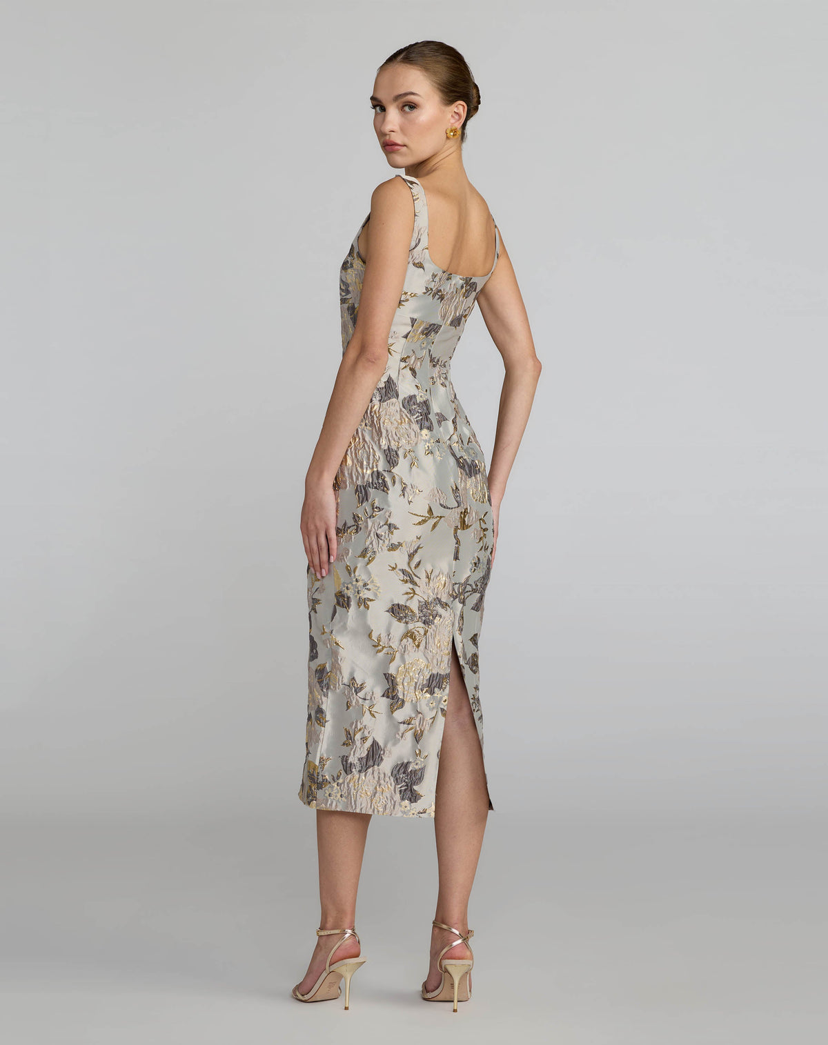 Mac Duggal Silver Floral Square Neck Midi Dress