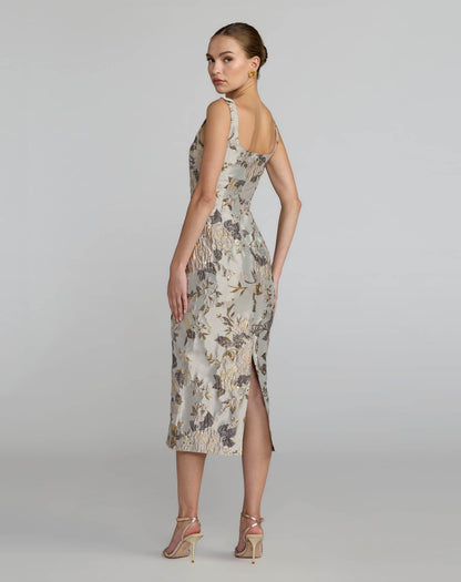Mac Duggal Silver Floral Square Neck Midi Dress