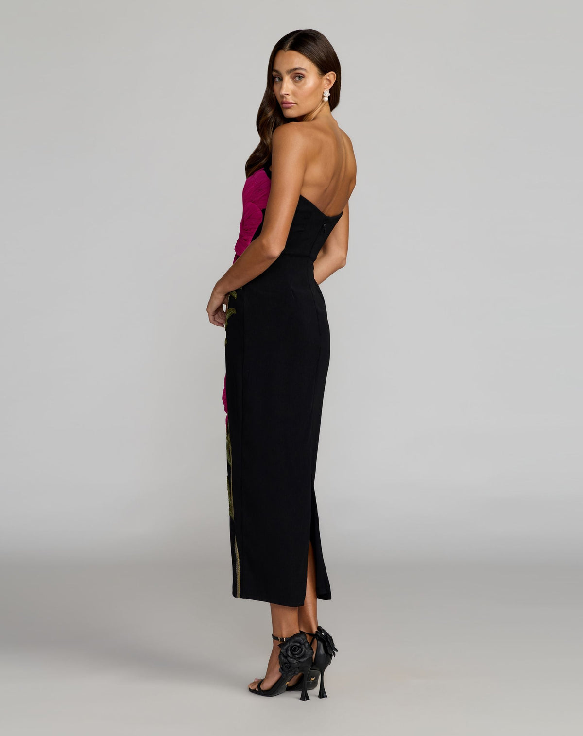 Mac Duggal Black Strapless Floral Embroidered Midi Dress