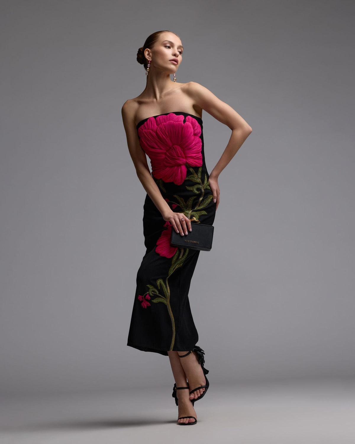 Mac Duggal Black Strapless Floral Embroidered Midi Dress