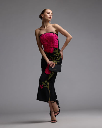 Mac Duggal Black Strapless Floral Embroidered Midi Dress