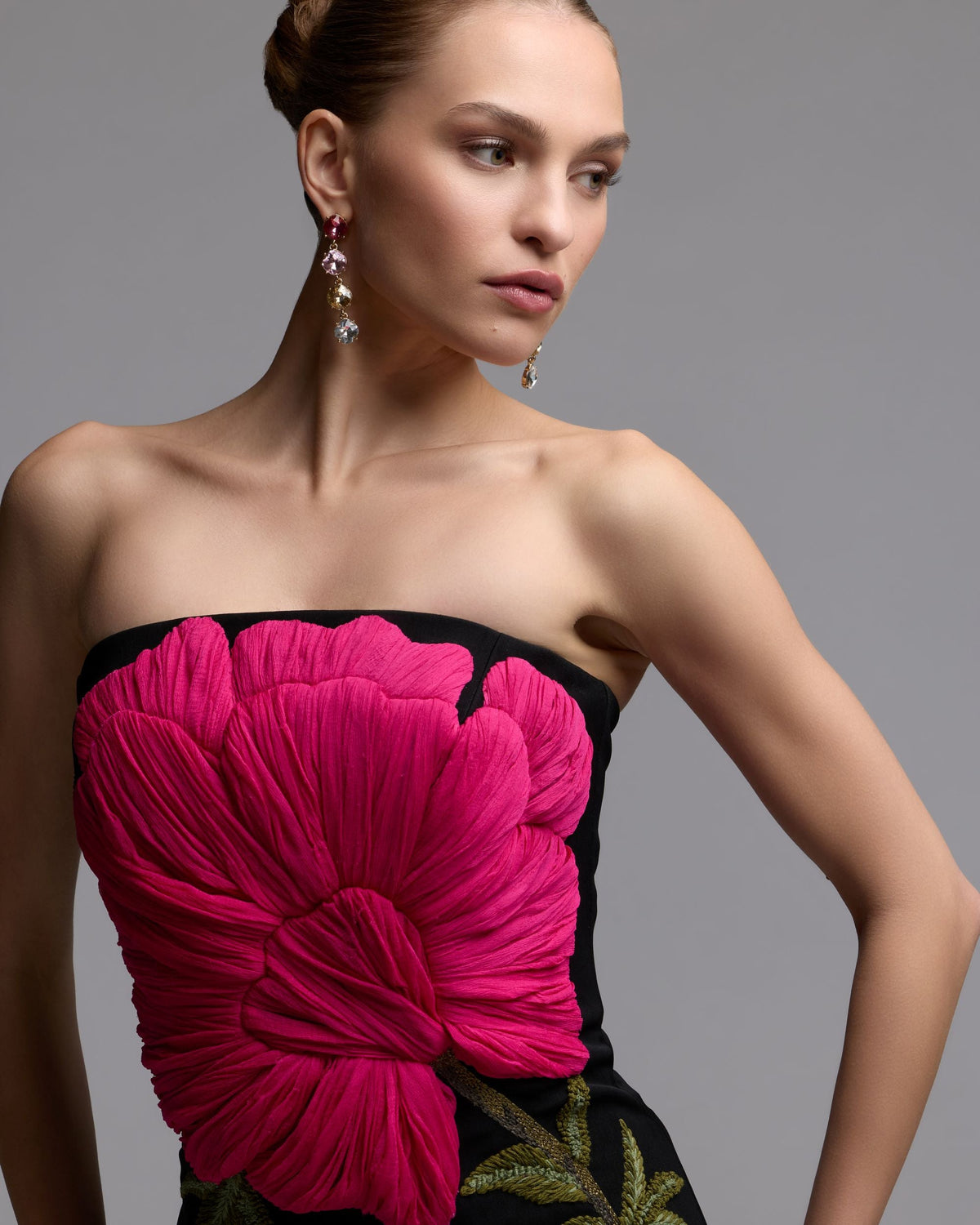 Mac Duggal Black Strapless Floral Embroidered Midi Dress