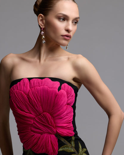 Mac Duggal Black Strapless Floral Embroidered Midi Dress