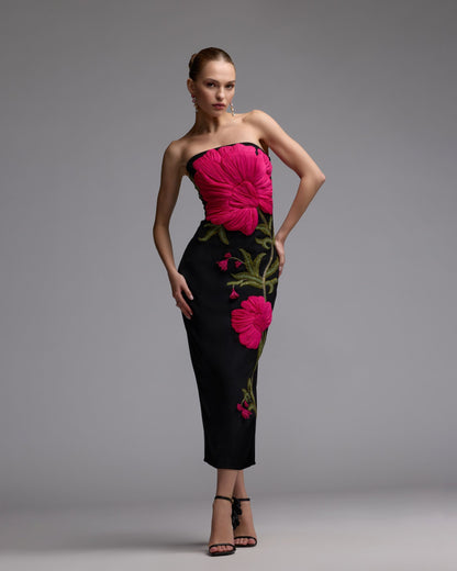 Mac Duggal Black Strapless Floral Embroidered Midi Dress