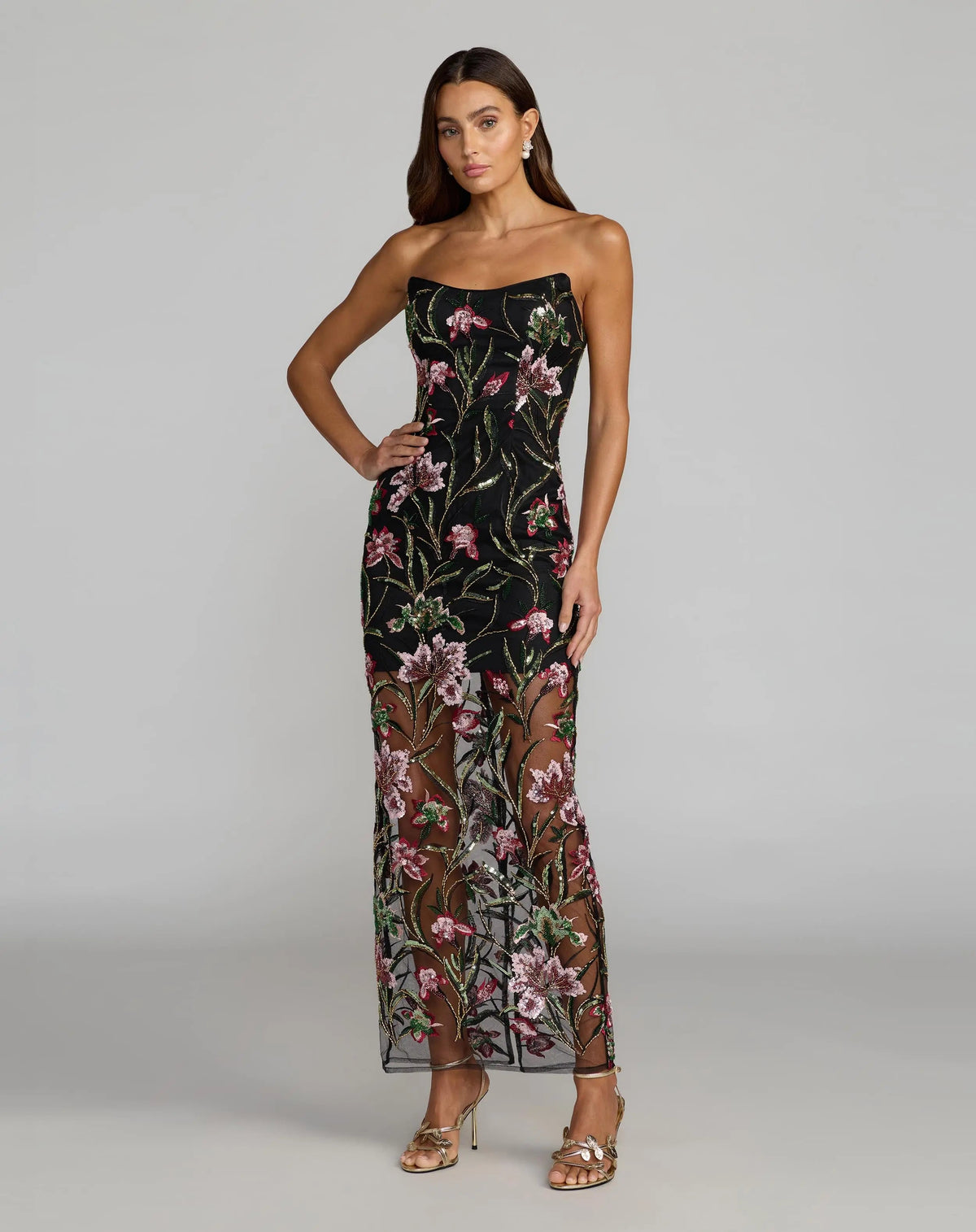 Mac Duggal Black Strapless Floral Embroidered Column Dress