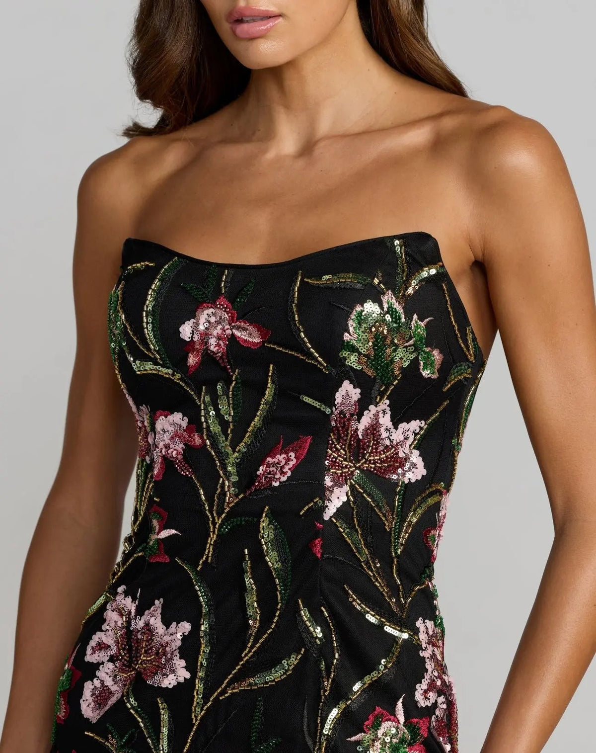 Mac Duggal Black Strapless Floral Embroidered Column Dress