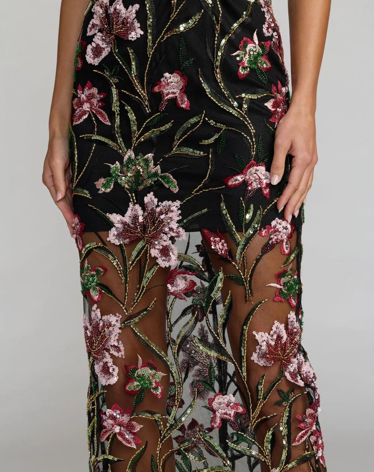 Mac Duggal Black Strapless Floral Embroidered Column Dress